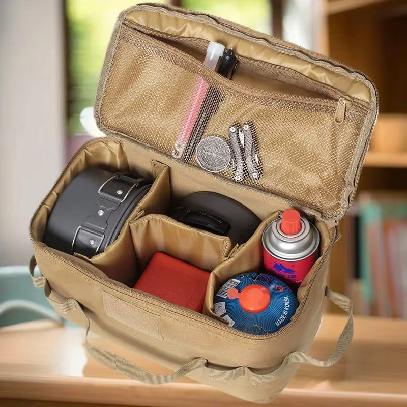 Tactical Utility Camping Tote – Heavy-Duty Cookware & Gas Tank Organizer – Modular Trunk Storage Bag with Adjustable Dividers & Shoulder Strap – Scratch-Resistant Travel Gear for Hiking & Camping
