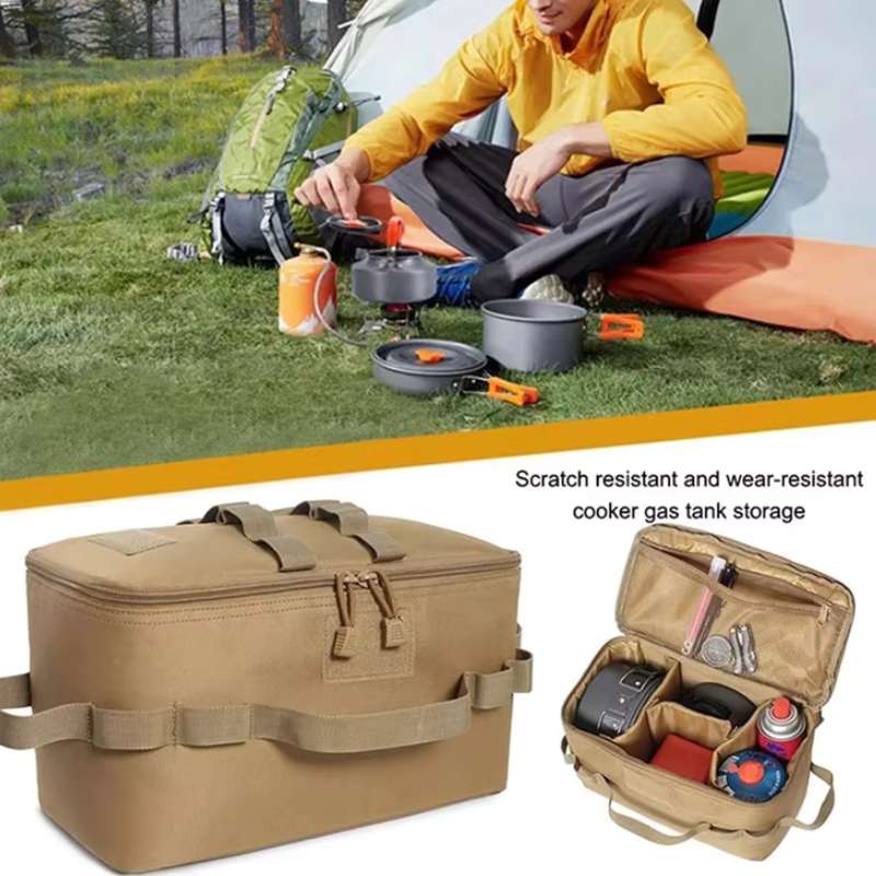 Tactical Utility Camping Tote – Heavy-Duty Cookware & Gas Tank Organizer – Modular Trunk Storage Bag with Adjustable Dividers & Shoulder Strap – Scratch-Resistant Travel Gear for Hiking & Camping