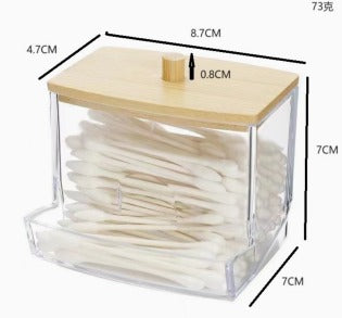 Cotton Swab Holder with Bamboo Lid – Clear Acrylic Q-Tip Storage Organizer for Bathroom Vanity (8.7 × 7 × 7 cm)