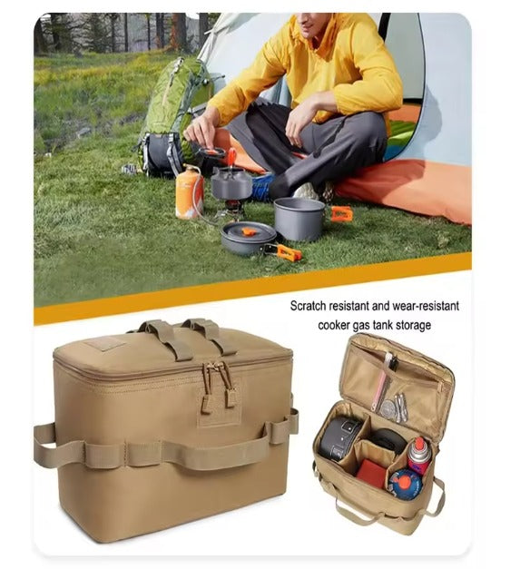 Tactical Utility Camping Tote – Heavy-Duty Cookware & Gas Tank Organizer – Modular Trunk Storage Bag with Adjustable Dividers & Shoulder Strap – Scratch-Resistant Travel Gear for Hiking & Camping