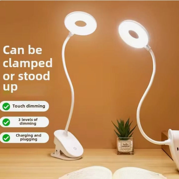 Rechargeable LED Clip-On Desk Lamp – Flexible Gooseneck Reading Light with Touch Dimming, Eye-Caring Ring Light & Portable Clamp Lamp