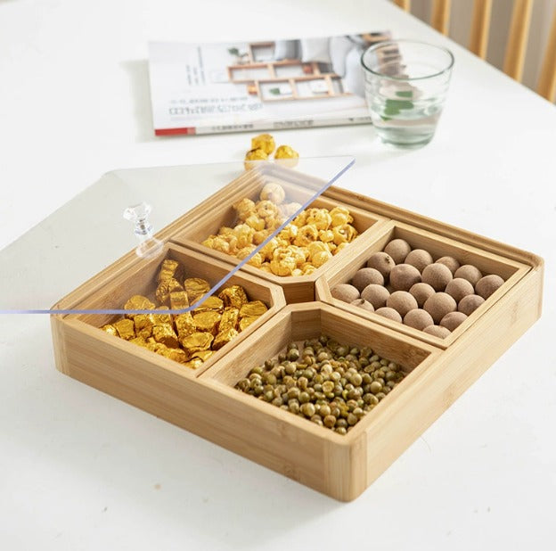 Luxury Bamboo Ramadan Date Box with Acrylic Lid | Islamic Eid Candy, Nuts & Dry Fruit Serving Tray | Elegant Home Decor Organizer