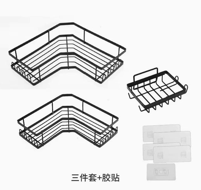 Carbon Steel Corner Shower Caddy Set – 2-Tier Bathroom Storage Shelves with Removable Hooks, Adhesive & Drill-Mount (3-Piece or 5-Piece Set)