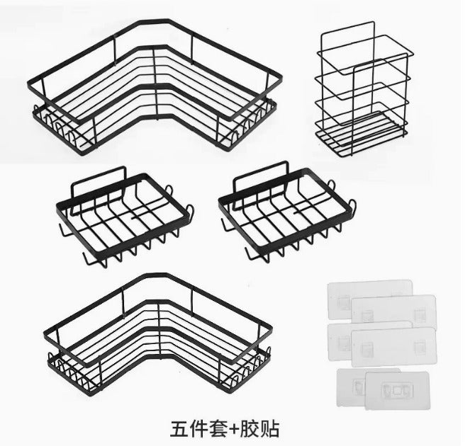 Carbon Steel Corner Shower Caddy Set – 2-Tier Bathroom Storage Shelves with Removable Hooks, Adhesive & Drill-Mount (3-Piece or 5-Piece Set)
