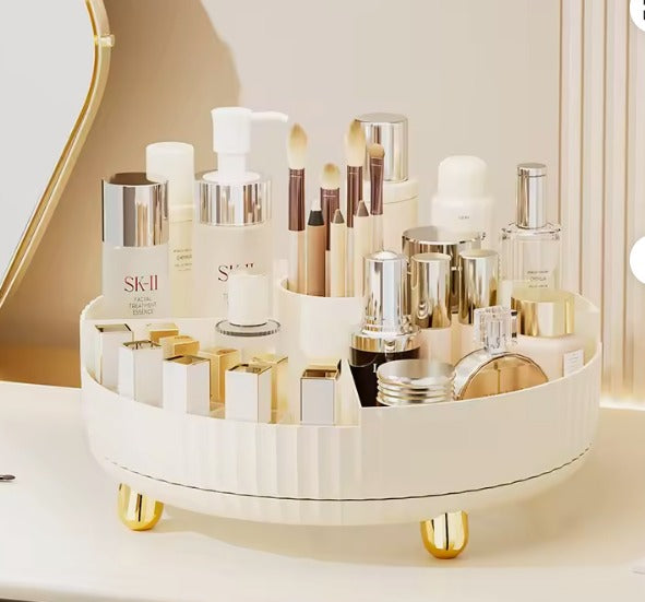 360° Rotating Makeup Organizer – 5-Compartment Desktop Cosmetic Storage Box – Multi-Functional Spin Holder for Makeup Brushes, Lipsticks, and Eyebrow Pencils – Compact Vanity Table Stationery Organizer