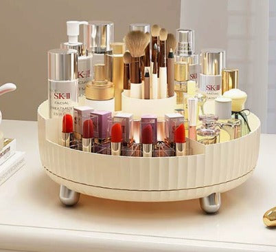 360° Rotating Makeup Organizer – 5-Compartment Desktop Cosmetic Storage Box – Multi-Functional Spin Holder for Makeup Brushes, Lipsticks, and Eyebrow Pencils – Compact Vanity Table Stationery Organizer