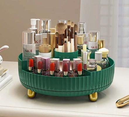 360° Rotating Makeup Organizer – 5-Compartment Desktop Cosmetic Storage Box – Multi-Functional Spin Holder for Makeup Brushes, Lipsticks, and Eyebrow Pencils – Compact Vanity Table Stationery Organizer
