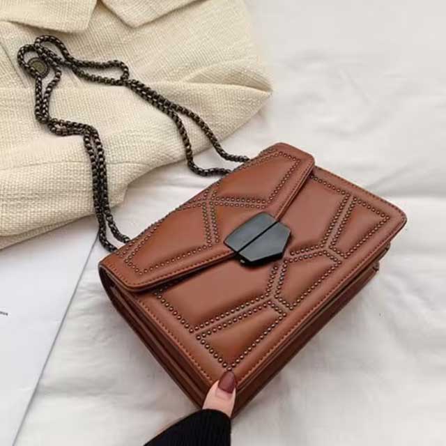 Women’s PU Leather Rivet Chain Shoulder Bag – Stylish and Durable Designer Handbag