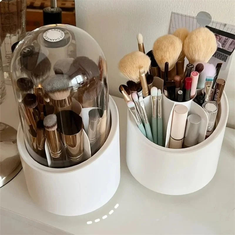 360° Rotating Makeup Brush Holder with Lid – Dustproof Cosmetic Organizer Box with Clear Acrylic Cover for Vanity & Desktop Storage