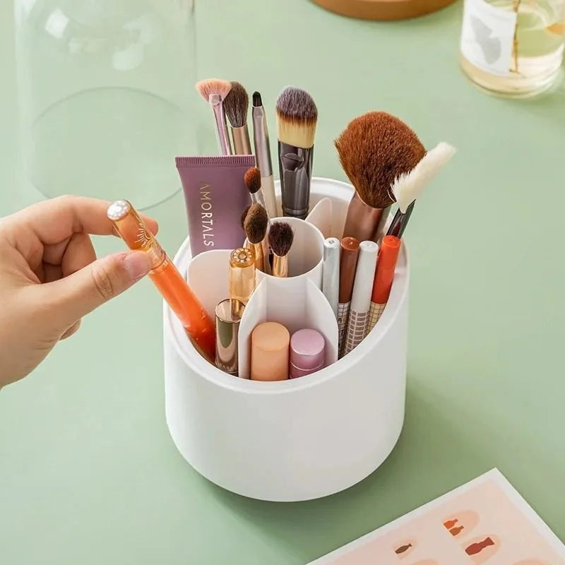 360° Rotating Makeup Brush Holder with Lid – Dustproof Cosmetic Organizer Box with Clear Acrylic Cover for Vanity & Desktop Storage