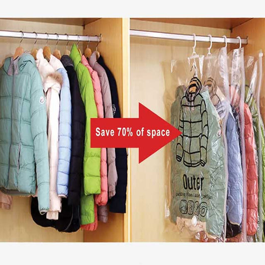 Hanging Vacuum Foldable Transparent Bags for Clothes – Space-Saving Storage Solution for Garments