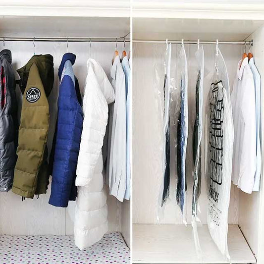 Hanging Vacuum Foldable Transparent Bags for Clothes – Space-Saving Storage Solution for Garments