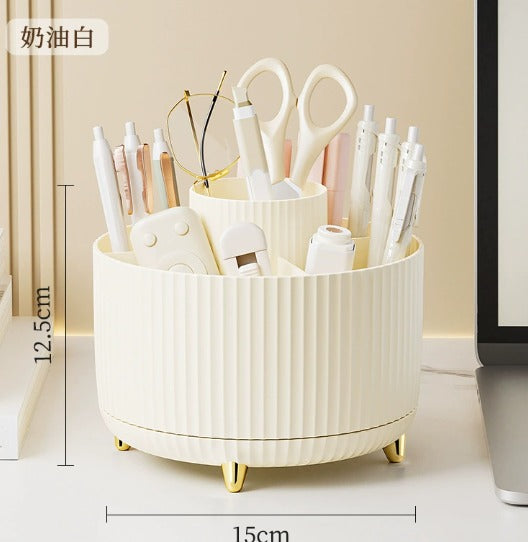 360° Rotating Makeup Organizer – 5-Compartment Desktop Cosmetic Storage Box – Multi-Functional Spin Holder for Makeup Brushes, Lipsticks, and Eyebrow Pencils – Compact Vanity Table Stationery Organizer