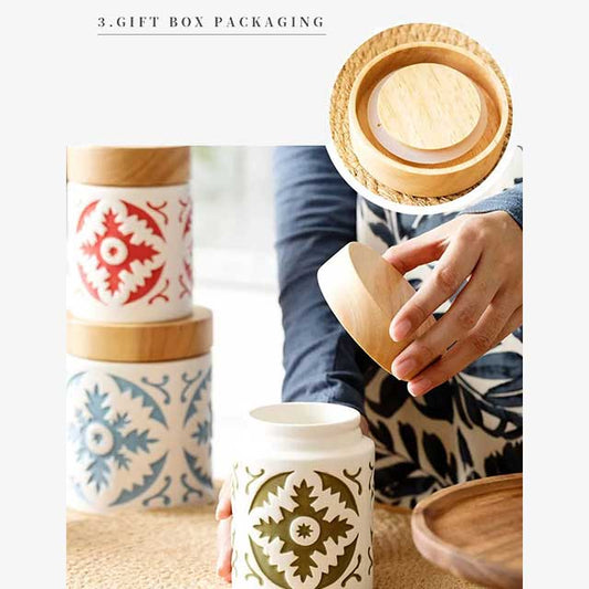Porcelain Jar with Wood Lid – Elegant Storage Container for Kitchen, Bathroom, or Office