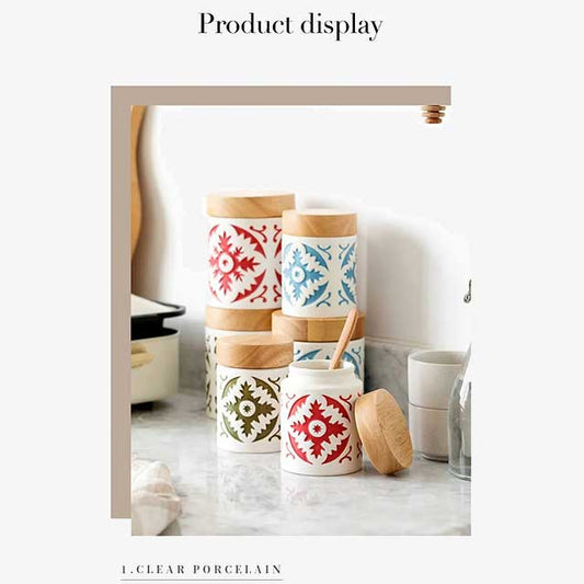 Porcelain Jar with Wood Lid – Elegant Storage Container for Kitchen, Bathroom, or Office