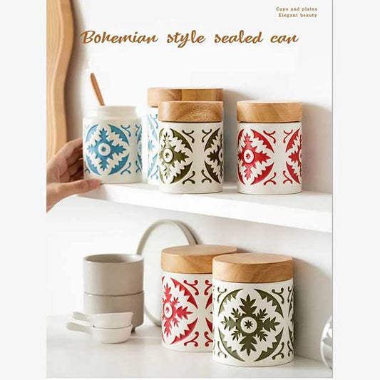 Porcelain Jar with Wood Lid – Elegant Storage Container for Kitchen, Bathroom, or Office