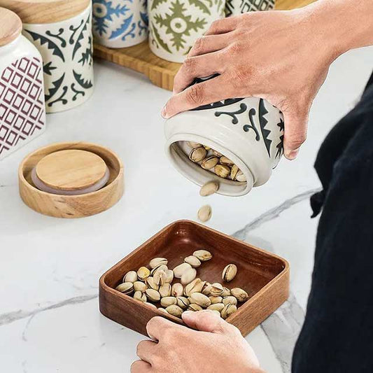 Porcelain Jar with Wood Lid – Elegant Storage Container for Kitchen, Bathroom, or Office