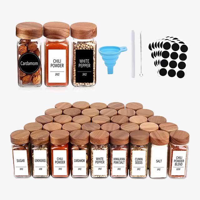 12 PCS Glass Spice Jars with Wooden Lids - Airtight, Elegant Storage Containers for Spices & Herbs