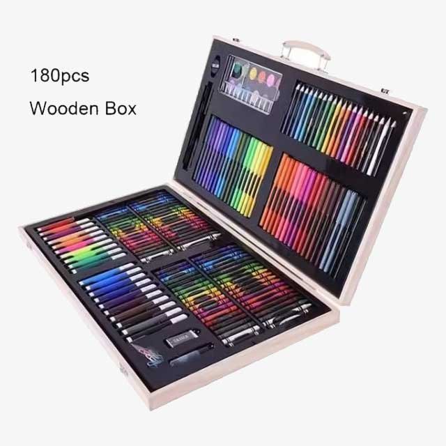 180 Pcs Wooden Box Coloring and Painting Set - Complete Art Kit for Kids & Adults