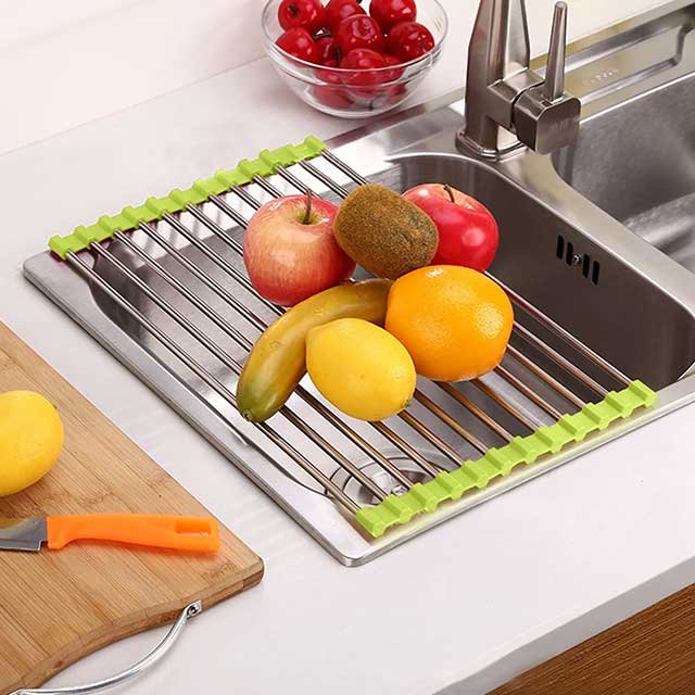 Over The Sink Roll-Up Dish Drying Rack – Multi-Functional Sheet Pan, Bottle Food Drainer, and Sieve Drainer Basket